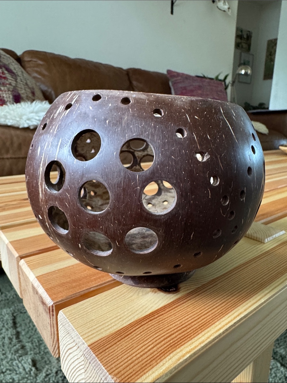 Handcrafted Brown Coconut Shell Candle Holder - Unbranded